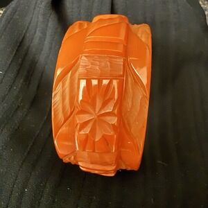 Vintage 1930s Bakelite Bangle Bracelet Orange Deep Carved Floral Wide Chunky